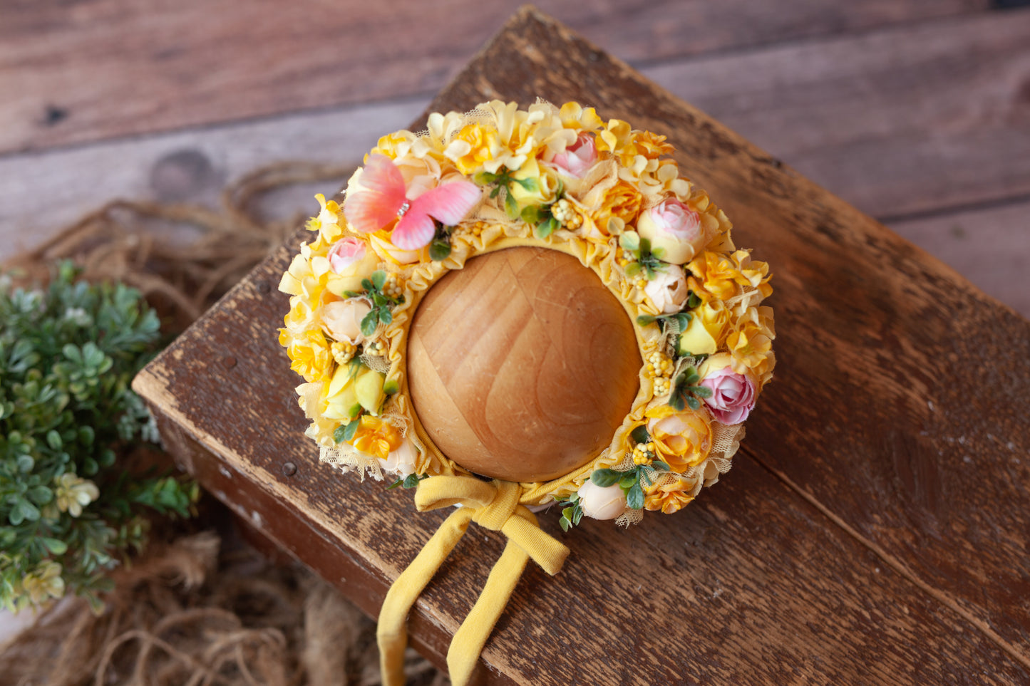 Yellow Newborn Floral Bonnet #4