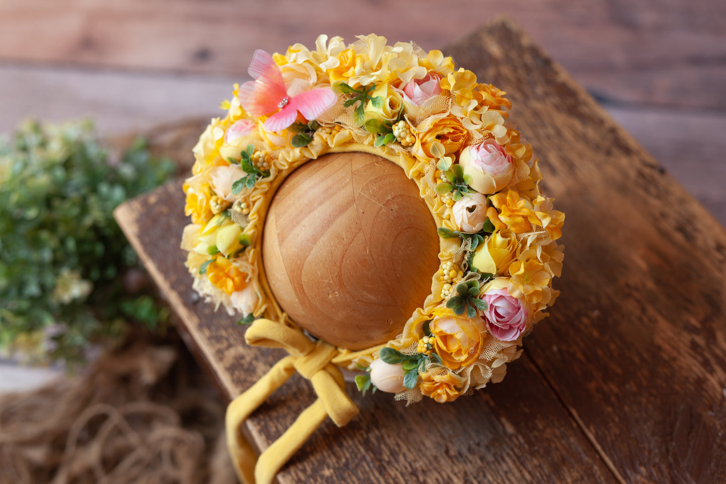 Yellow Newborn Floral Bonnet #4