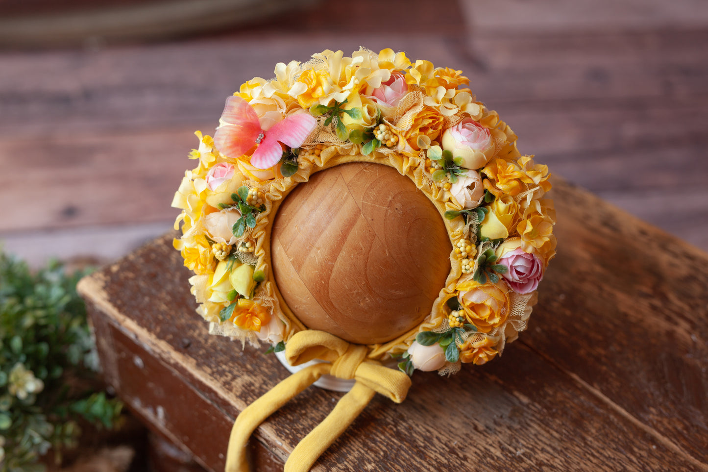 Yellow Newborn Floral Bonnet #4
