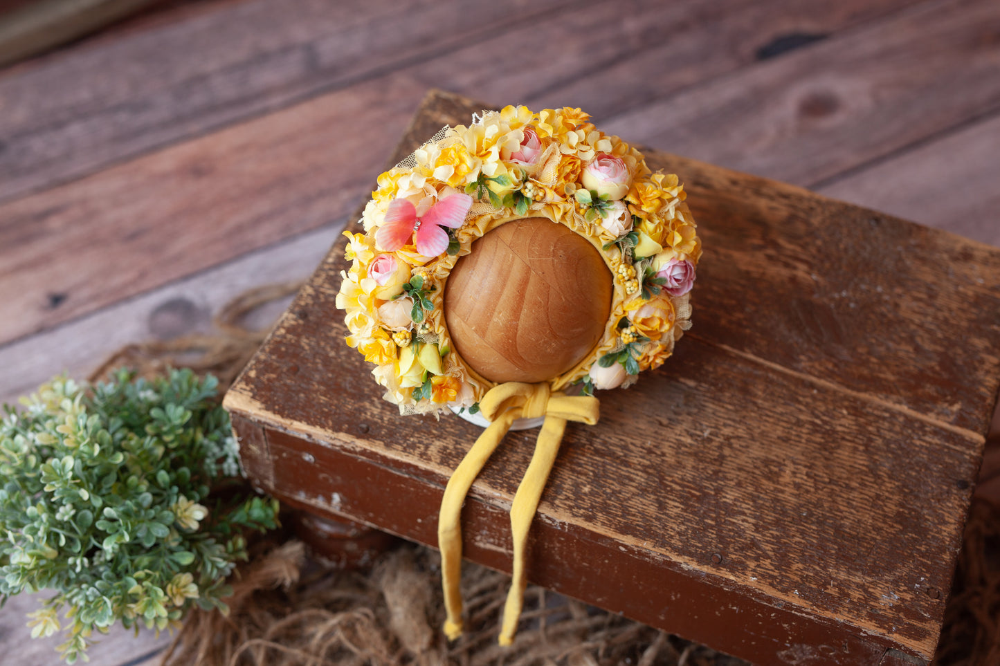 Yellow Newborn Floral Bonnet #4