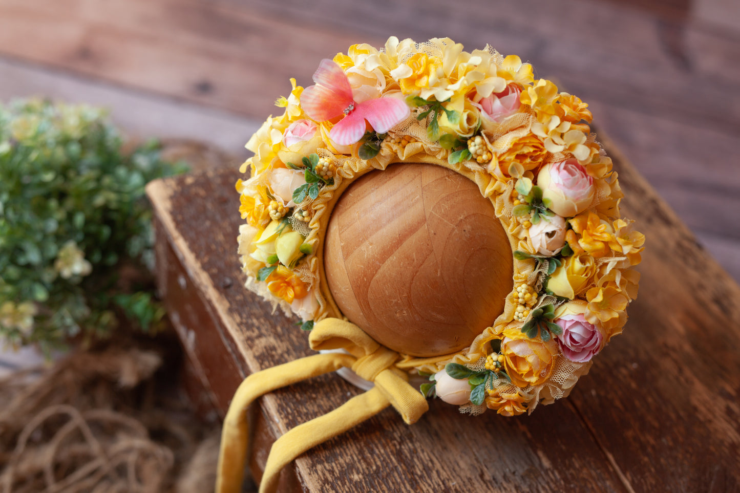 Yellow Newborn Floral Bonnet #4