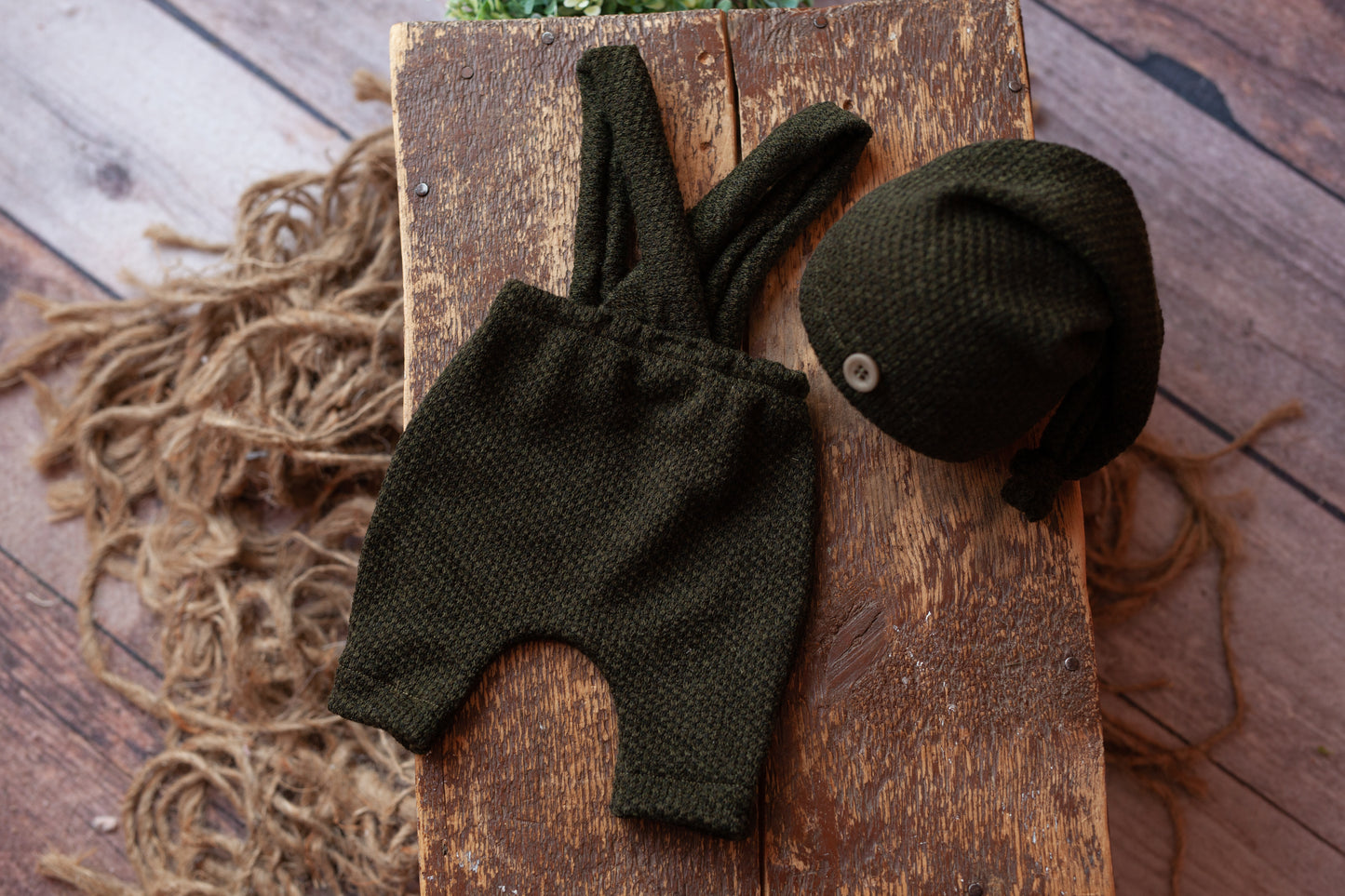 Rhodes - Newborn Shortie Overalls and Sleepy cap