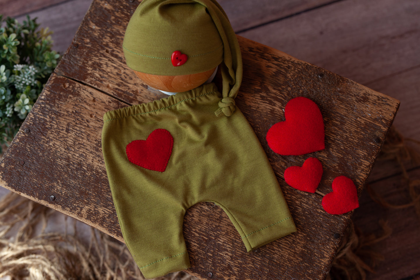 Green Shorties, Sleepy Cap and Three Heart Lovies