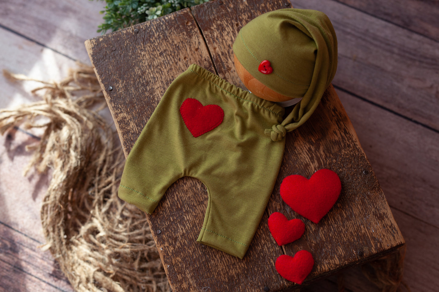 Green Shorties, Sleepy Cap and Three Heart Lovies