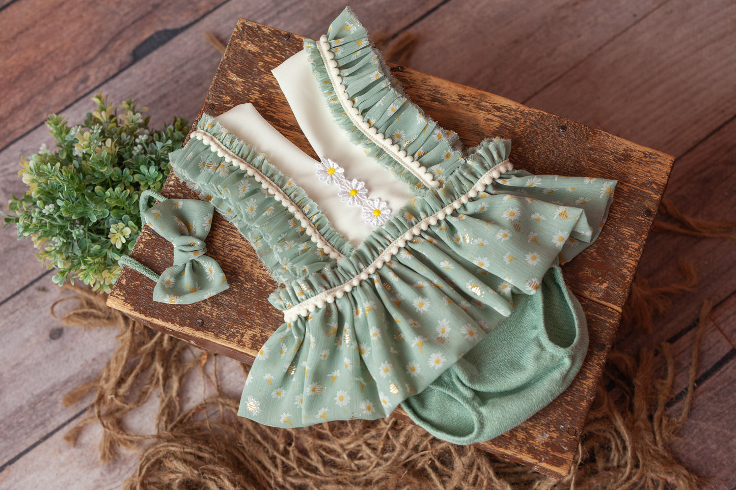 Emilia in Light Sage - Sitter Romper and Tieback