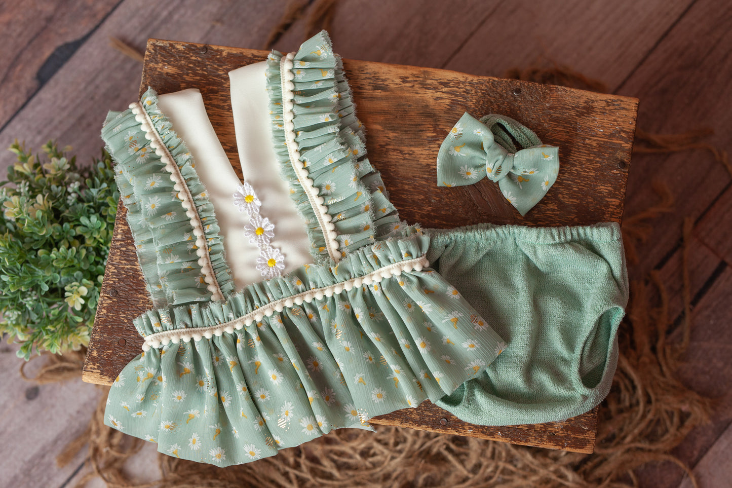 Emilia in Light Sage - Sitter Romper and Tieback