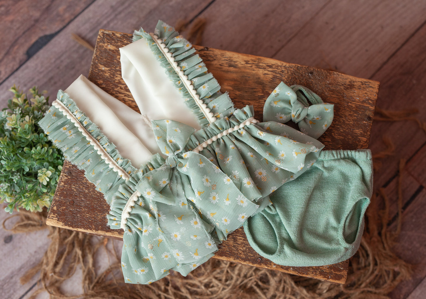Emilia in Light Sage - Sitter Romper and Tieback