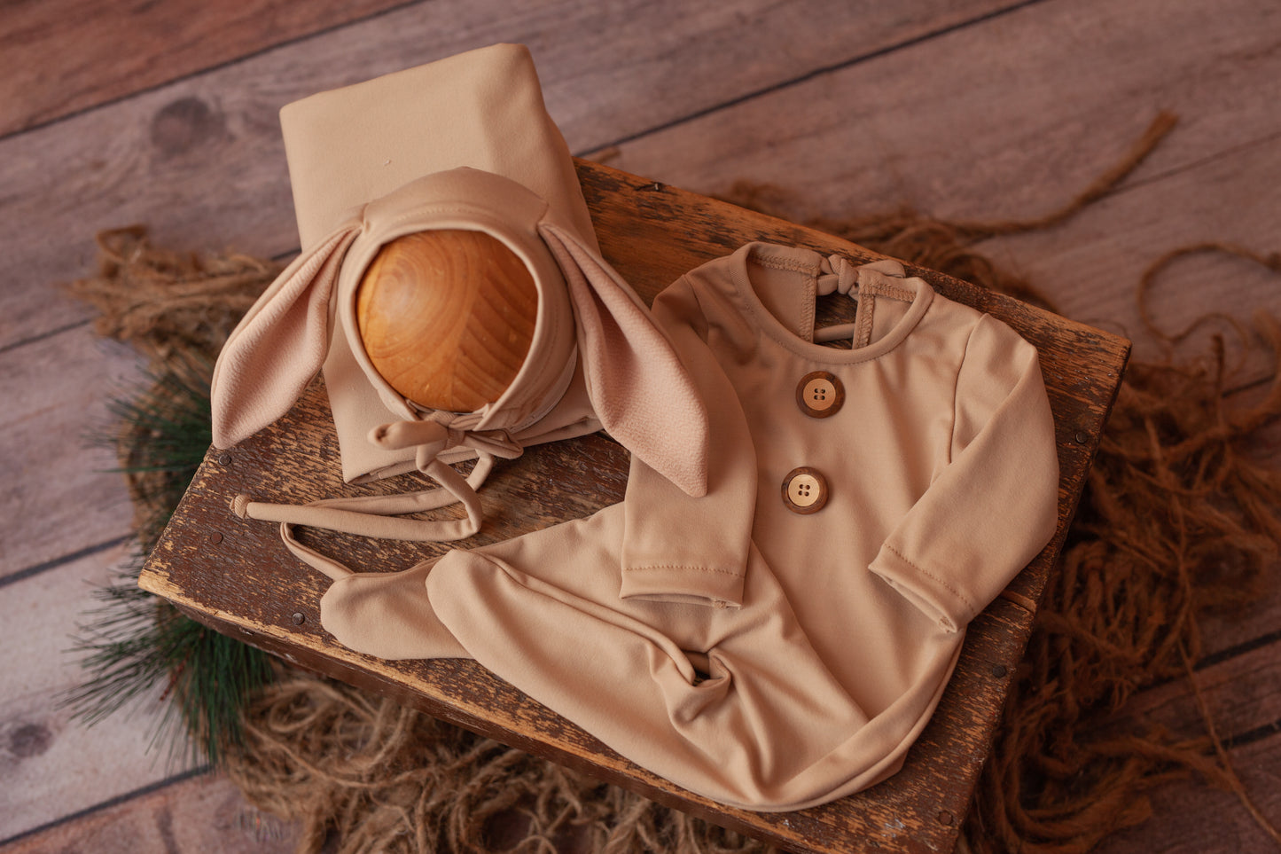Benjamin - Newborn Bunny Bonnet and Beige Wrap