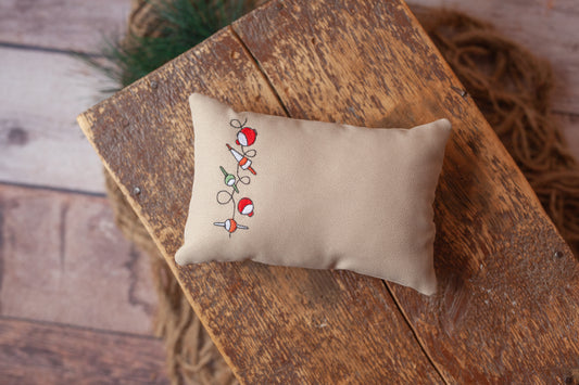 Tan Pillow with Embroidered Fishing Tackles