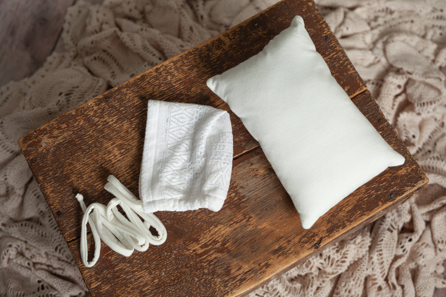 White NB Bonnet and Double Sided Pillow